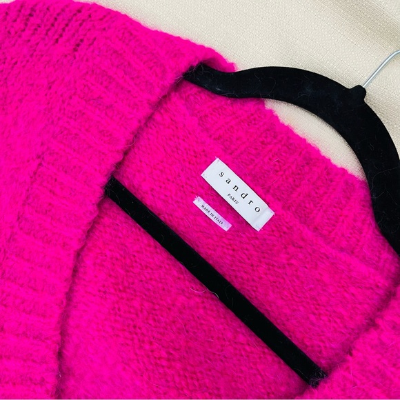 Sandro Pink Fuchsia wool alpaca v neck sweater size small 1 - Picture 2 of 5